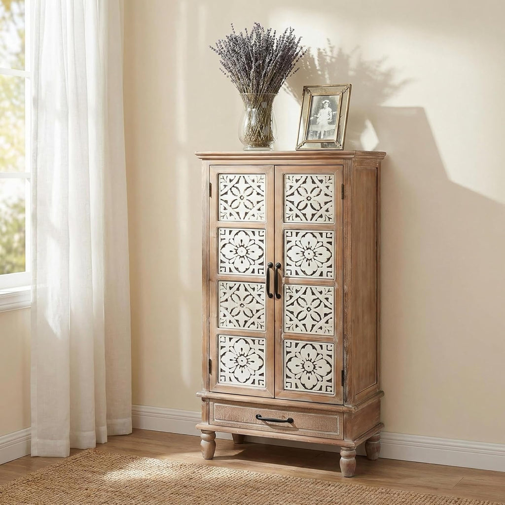 LKTART 55' Tall Vintage Sideboards Carved Wood Buffet Cabinet,Farmhouse Pantry Decorative Cabinet with Carved Doors and Drawers for Home Decor and Finishing Fir Wood