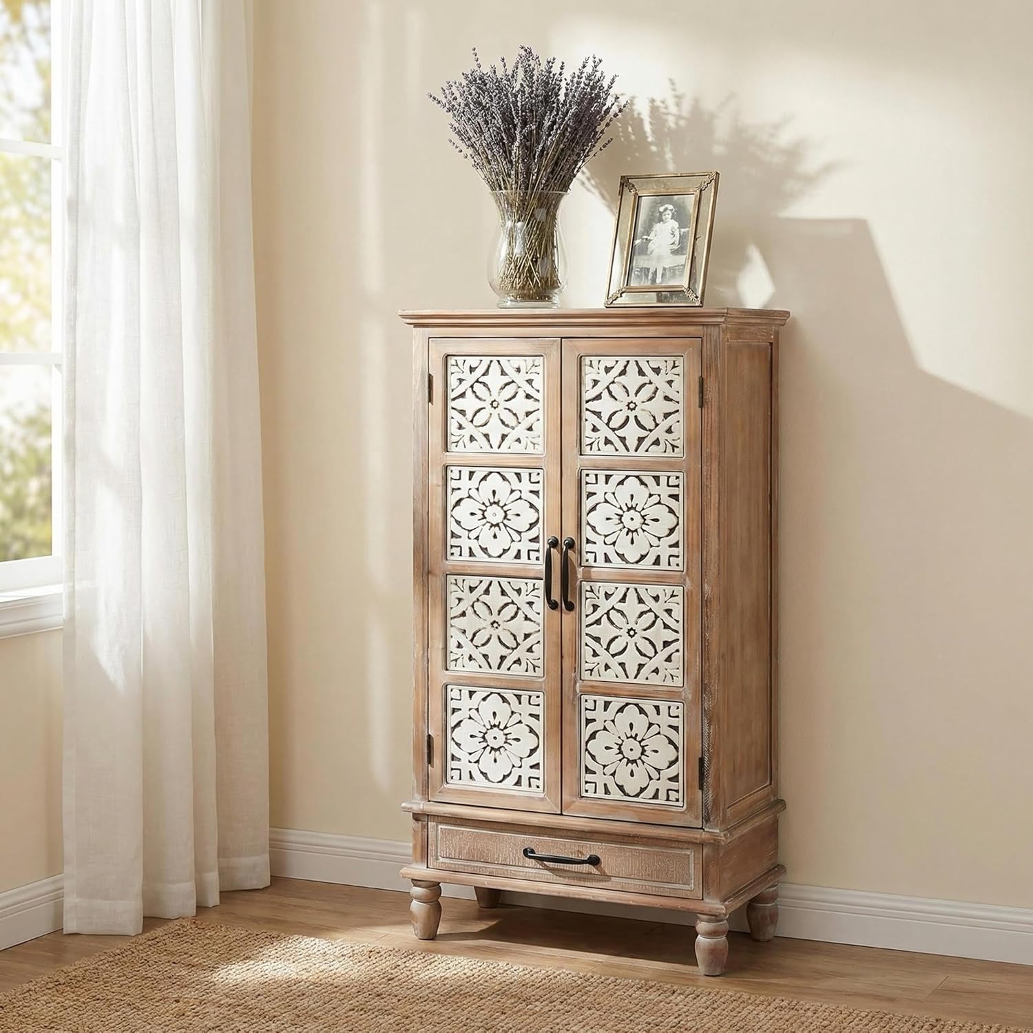 LKTART 55' Tall Vintage Sideboards Carved Wood Buffet Cabinet,Farmhouse Pantry Decorative Cabinet with Carved Doors and Drawers for Home Decor and Finishing Fir Wood