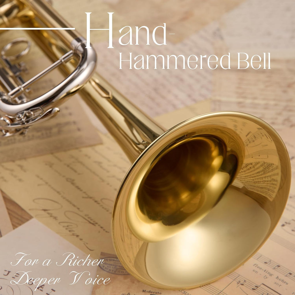 AKLOT Hand-Hammered Bell Bb Trumpet: Smooth Valve Action, Clear-Lacquered Brass Body, Standard Trumpet Beginner Set with Leather Case, Lesson Book, Trumpet Mute, Mouthpiece, Cleaning Kit (SNR-BrzED)