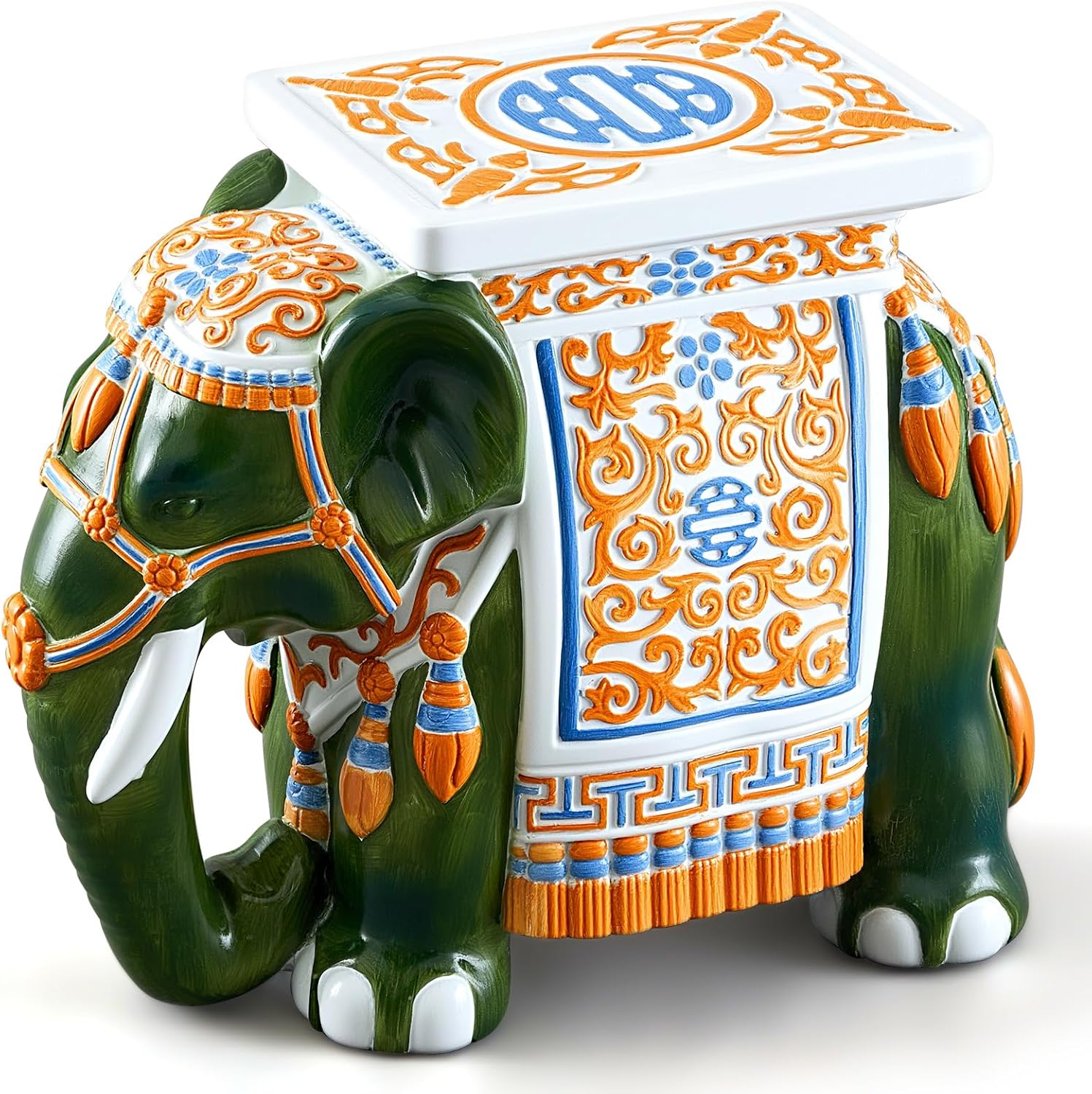 Leinuosen Elephant Garden Stool 16.5 Inch - Resin Elephant Side Table & Plant Stand, Indoor Outdoor Decorative Accent Table for Patio Balcony Living Room, Bohemian Home Decor Gift(Green Color)
