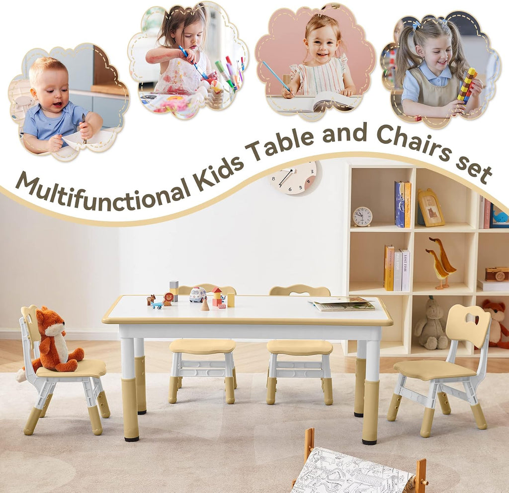 GITAWUSA Kids Study Table and Chairs Set, Height Adjustable Toddler Table and Chair Set for Kids Ages 3-8, Graffiti Desktop (Light Brown)