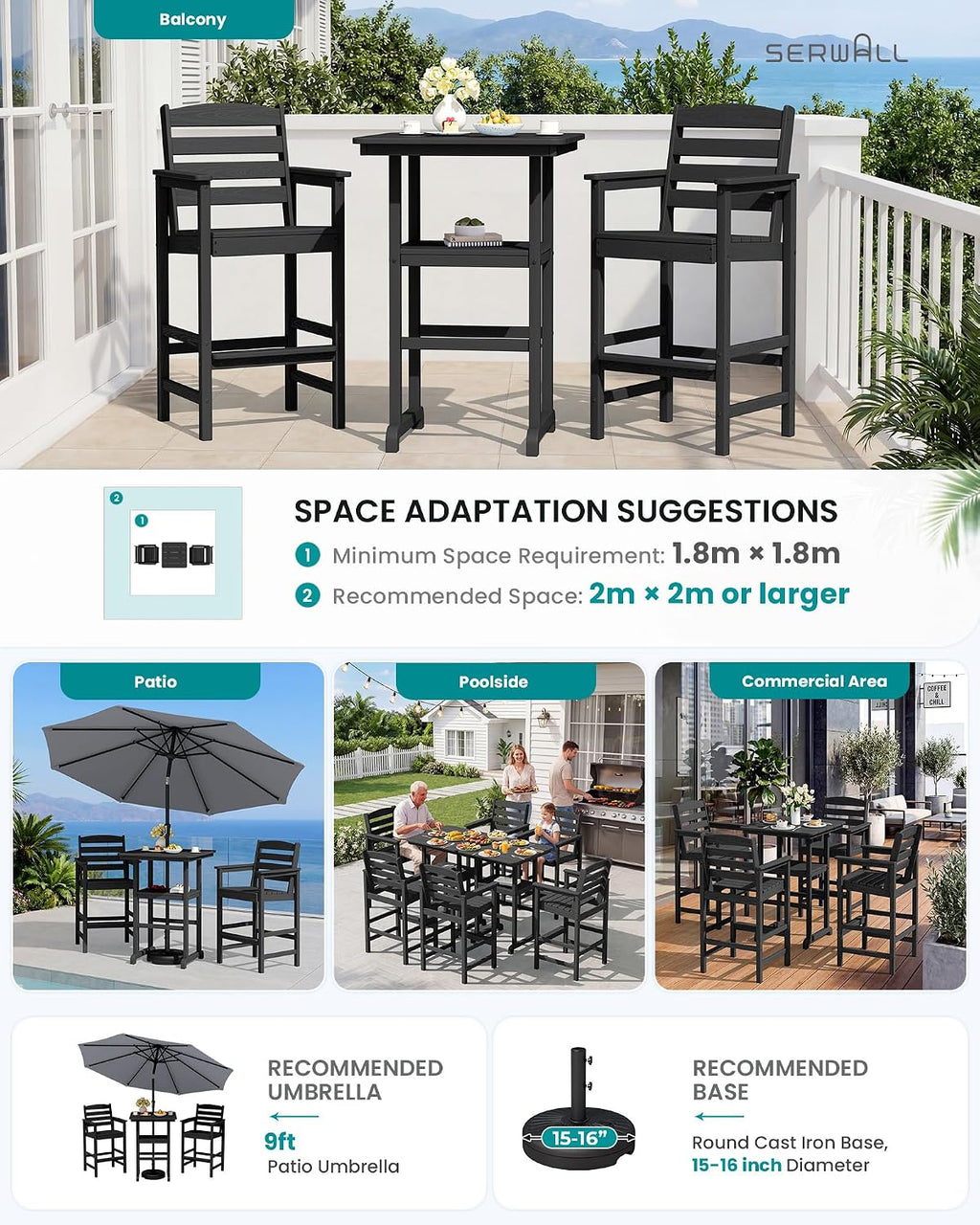 SERWALL Balcony Adirondack Chairs and Table 3 Pieces Set, Oversize Adirondack Bar Height Chairs Set of 2 and Bar Table, Outdoor Bar Stools Set, Black
