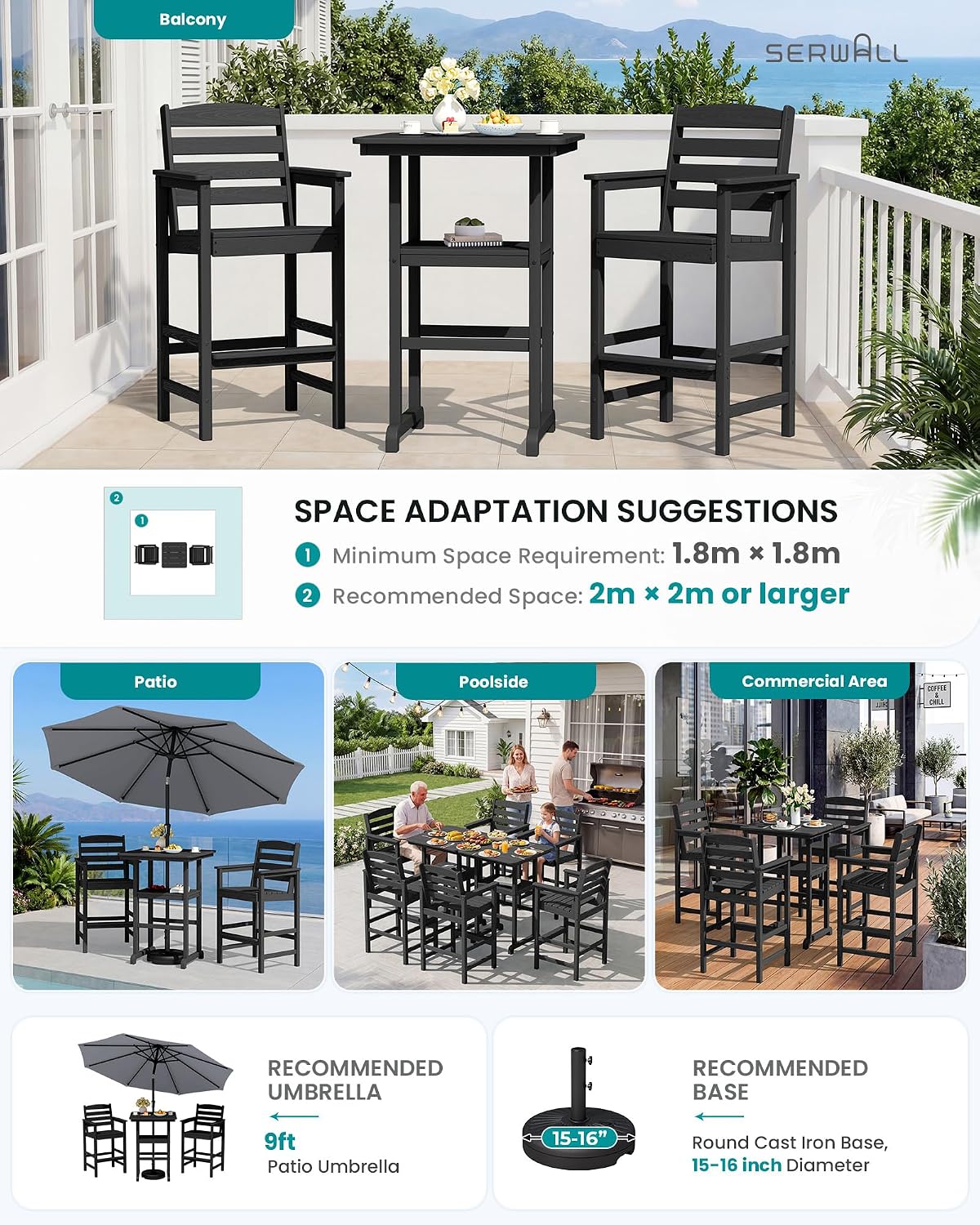 SERWALL Balcony Adirondack Chairs and Table 3 Pieces Set, Oversize Adirondack Bar Height Chairs Set of 2 and Bar Table, Outdoor Bar Stools Set, Black
