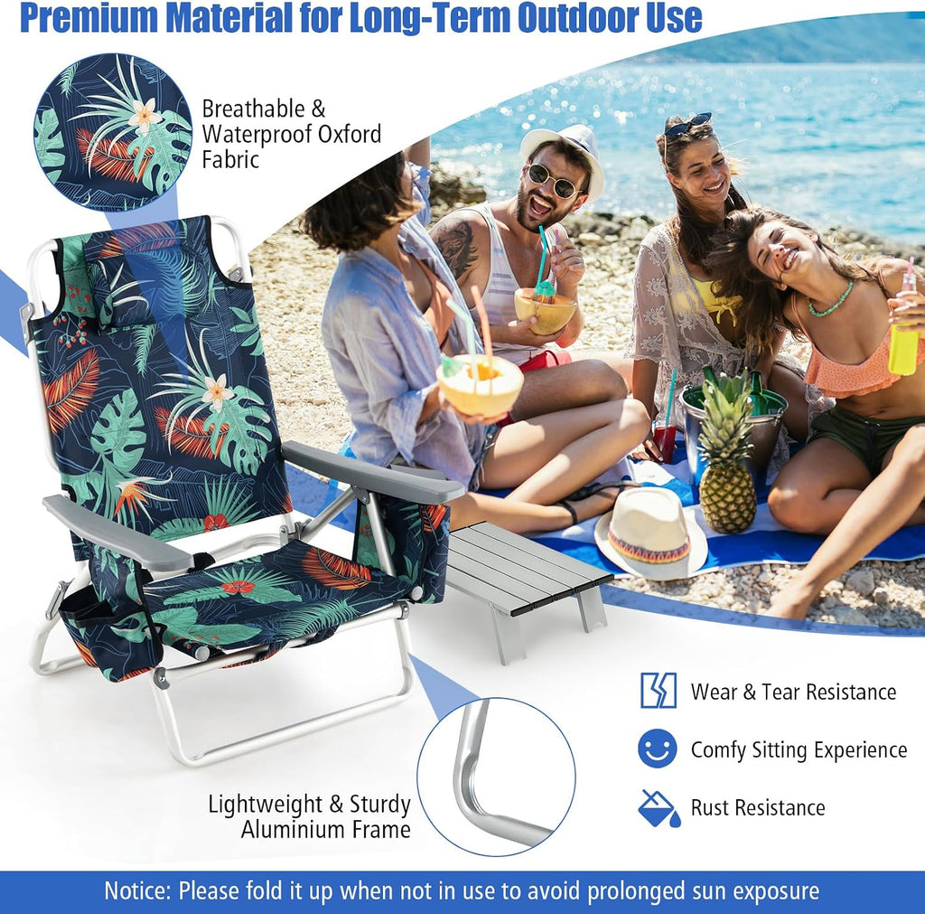 Tangkula Backpack Beach Chair with Table, 5-Position Lay Flat Chairs with Cooler Bag, 2 Cup Holders, Towel Bar, Lightweight Low Folding Chair with Backpack Straps