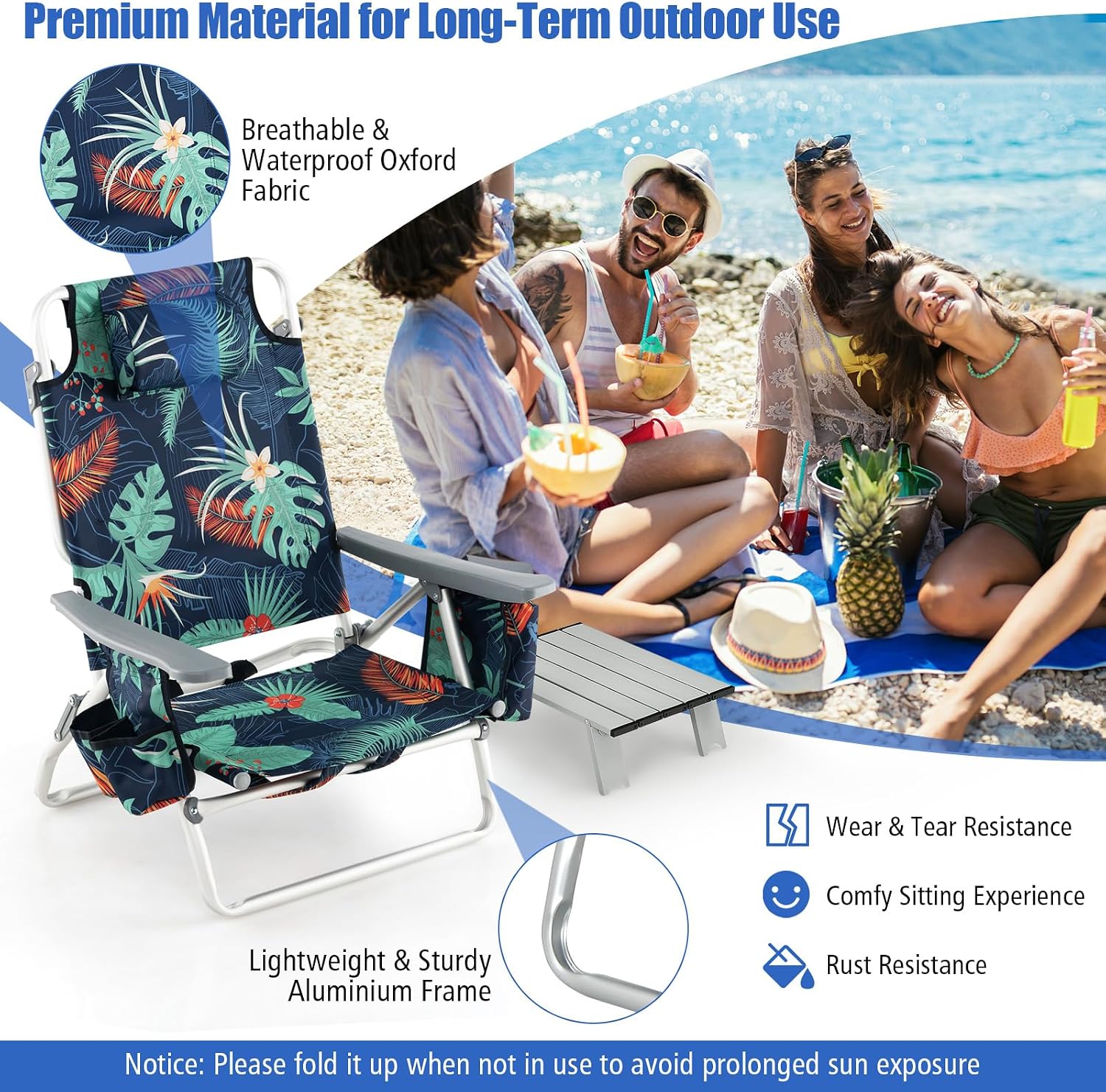 Tangkula Backpack Beach Chair with Table, 5-Position Lay Flat Chairs with Cooler Bag, 2 Cup Holders, Towel Bar, Lightweight Low Folding Chair with Backpack Straps