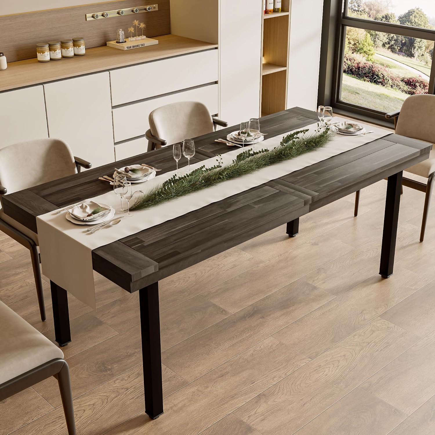 OFIKA Dining Table for 6-8 People, 70' Acacia Wood Rustic Rectangular Dinner Table with Metal Frame, Sandblast Finish, Natural Stained, Indoor Outdoor Kitchen Dining Room Table Large 70x33.2x30 inch