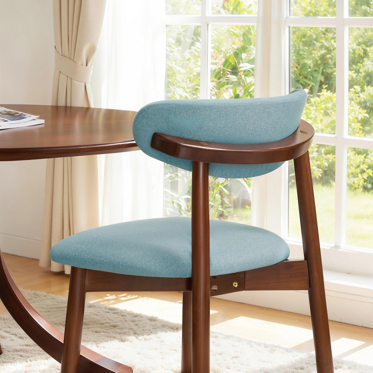 CHUN YI Dining Chairs Set of 4, Upholstered Solid Wood Dining Room Chairs, Mid Century Modern Fabric Kitchen Chairs with Ergonomic Curved Back, Blue (Only Chairs)