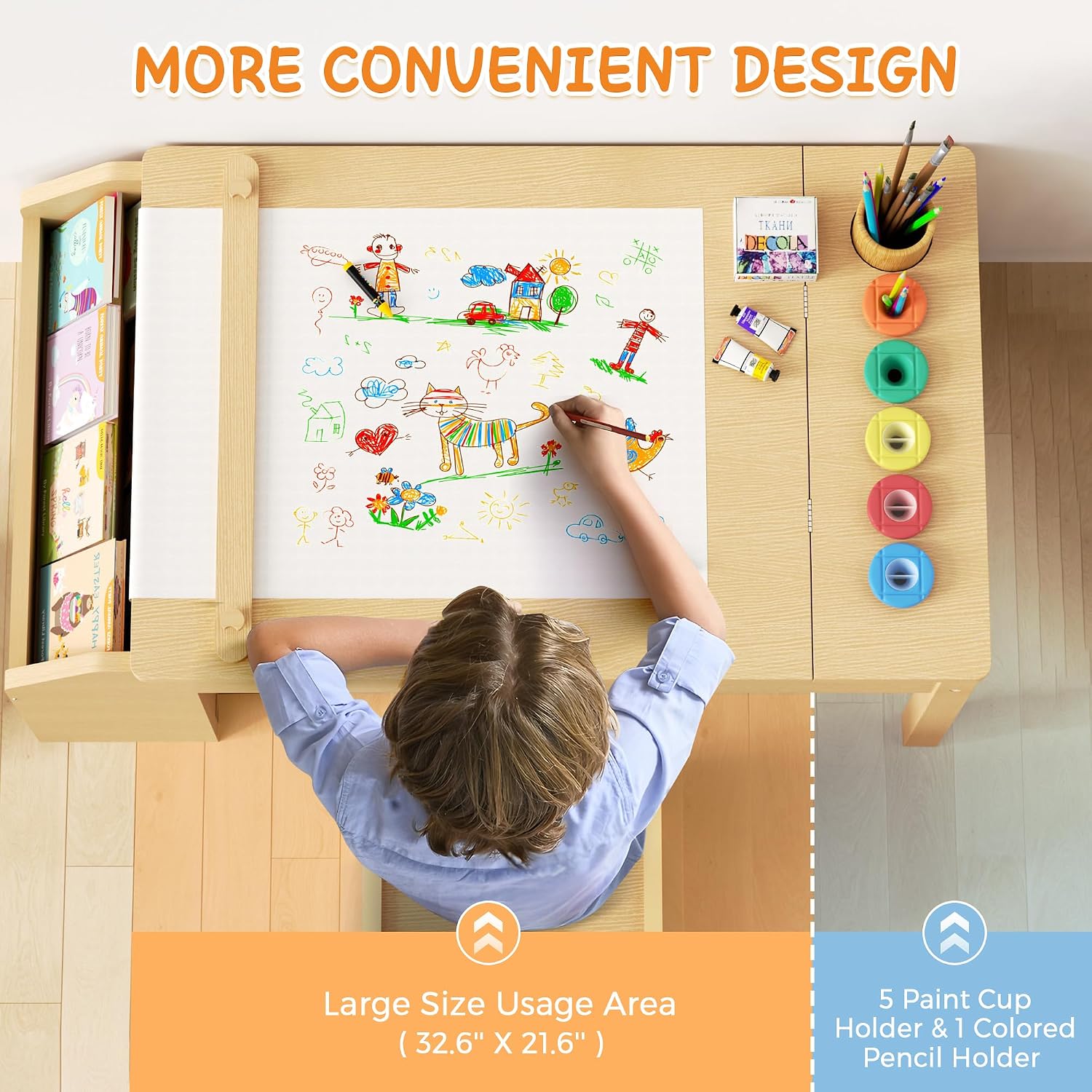 5-in-1 Kids Art Table and Chairs, Toddler Table and Chair Set, Craft Play Desk for Kids, Convertible Art Easel with Paper Roll Holder & Storage Drawers, Children Activity Learning Center-Wood