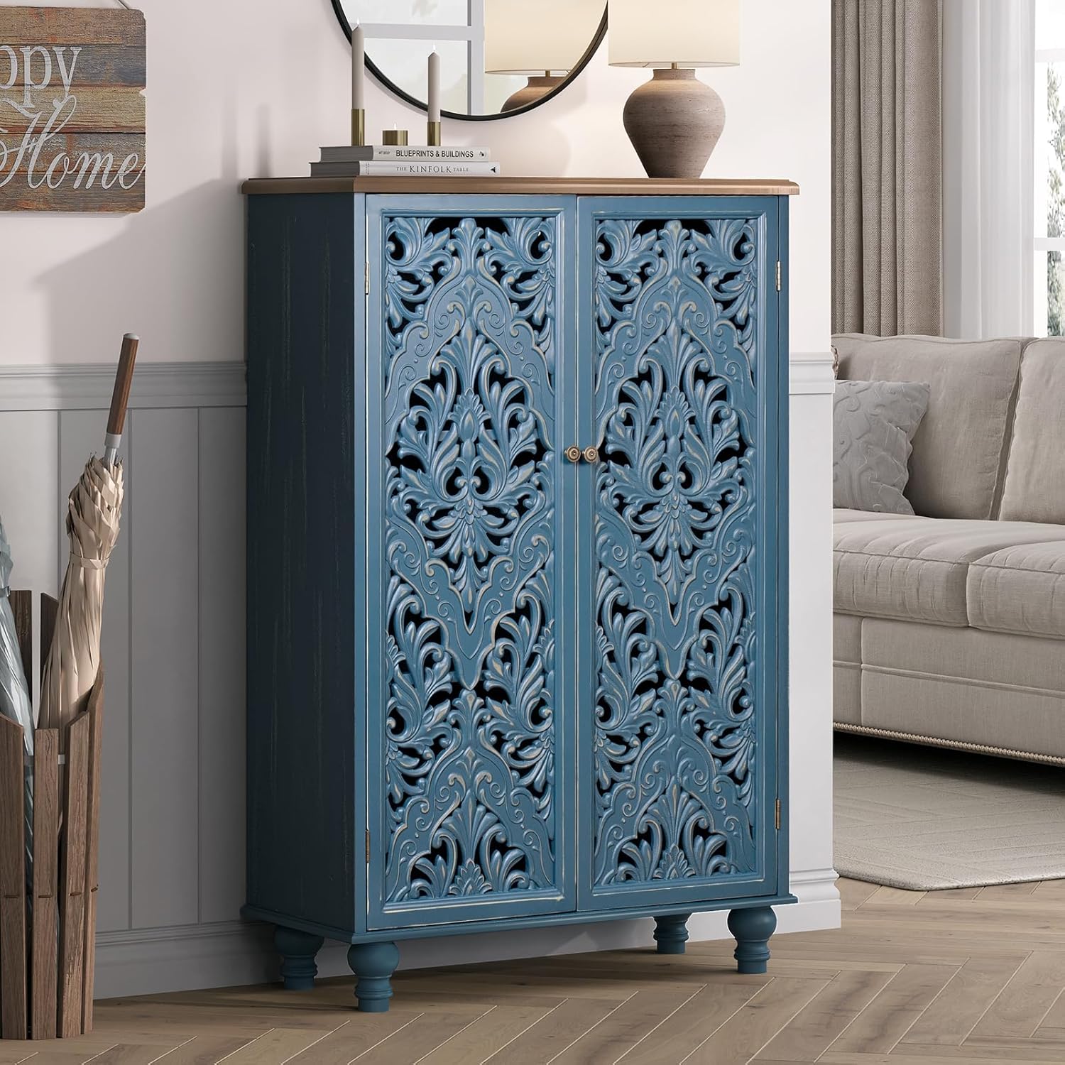 JOINICE 47' Tall Accent Cabinet with Doors and Shelves, Storage Cabinet with Solid Wood Legs for Living Room,Entryway,Dining Room,Bedroom(Blue & Walnut)