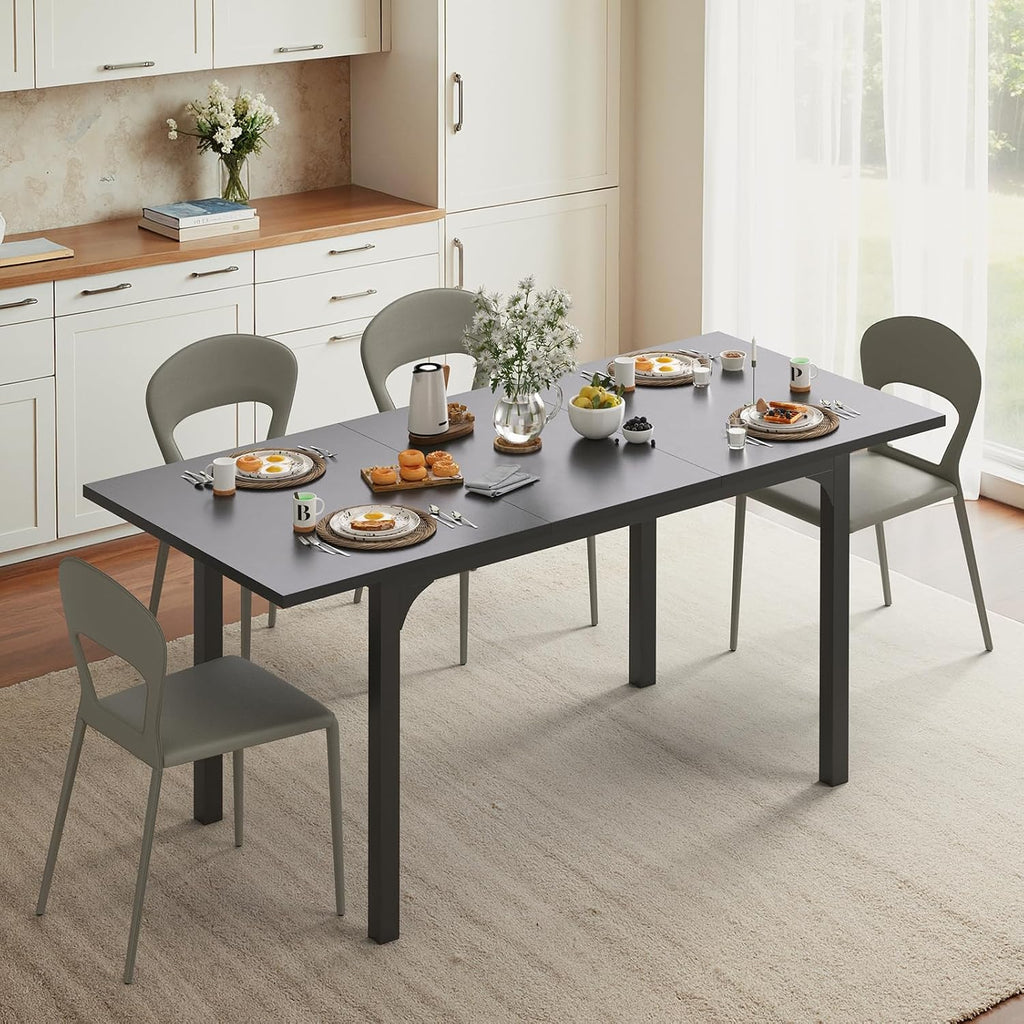 Extendable Dining Table, Rectangle Kitchen Table for 4-8 People, Modern Wooden Dinner Table with Strong Metal Legs, Space Saving Expandable Dining Room Table for Restaurant, Conference, Black