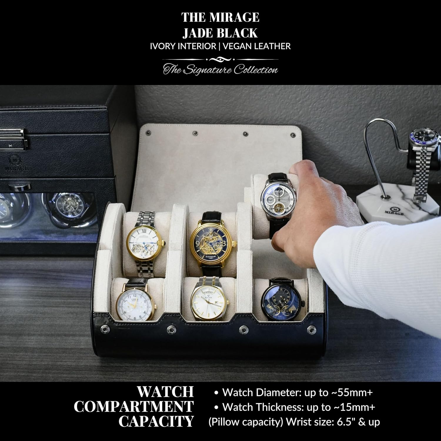 M Mirage Luxury Travel 6 watch display case organizer - Jade Black & Ivory White