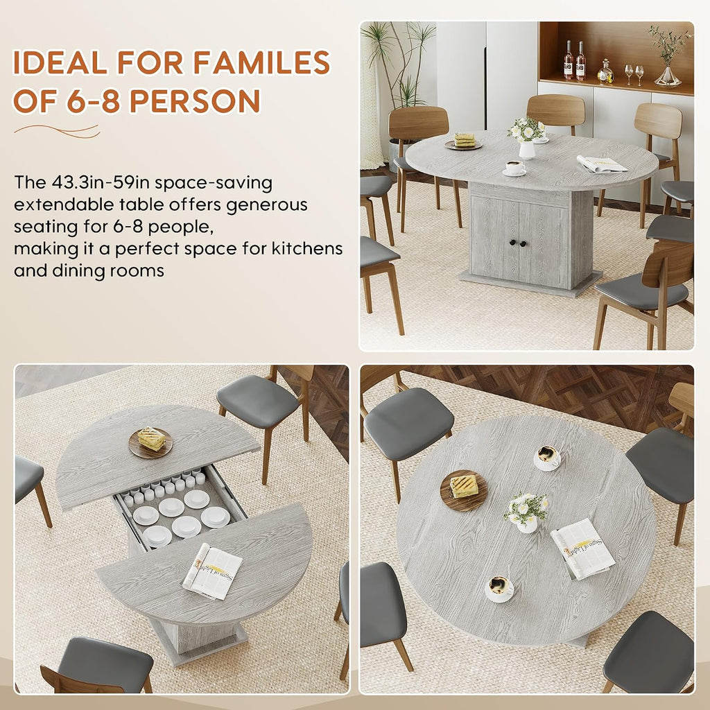 43.3in-59in Extendable Round Dining Table for 4-8, Modern Expandable Kitchen Oval Dining Table, Space Saving Circle Dining Room Table with Storage Shelf for Kitchen Living Room (Grey)