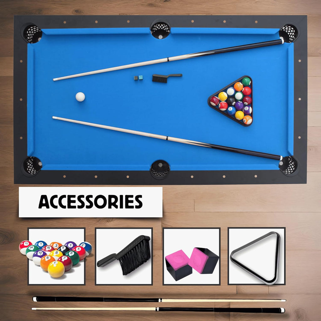 Freetime Fun 6 FT Pool Table, No Assembly, Portable, Includes Billiard Tables Accessories- 2 Pool Cues, Set of Balls, Triangle, Pool Table Brush, Chalk