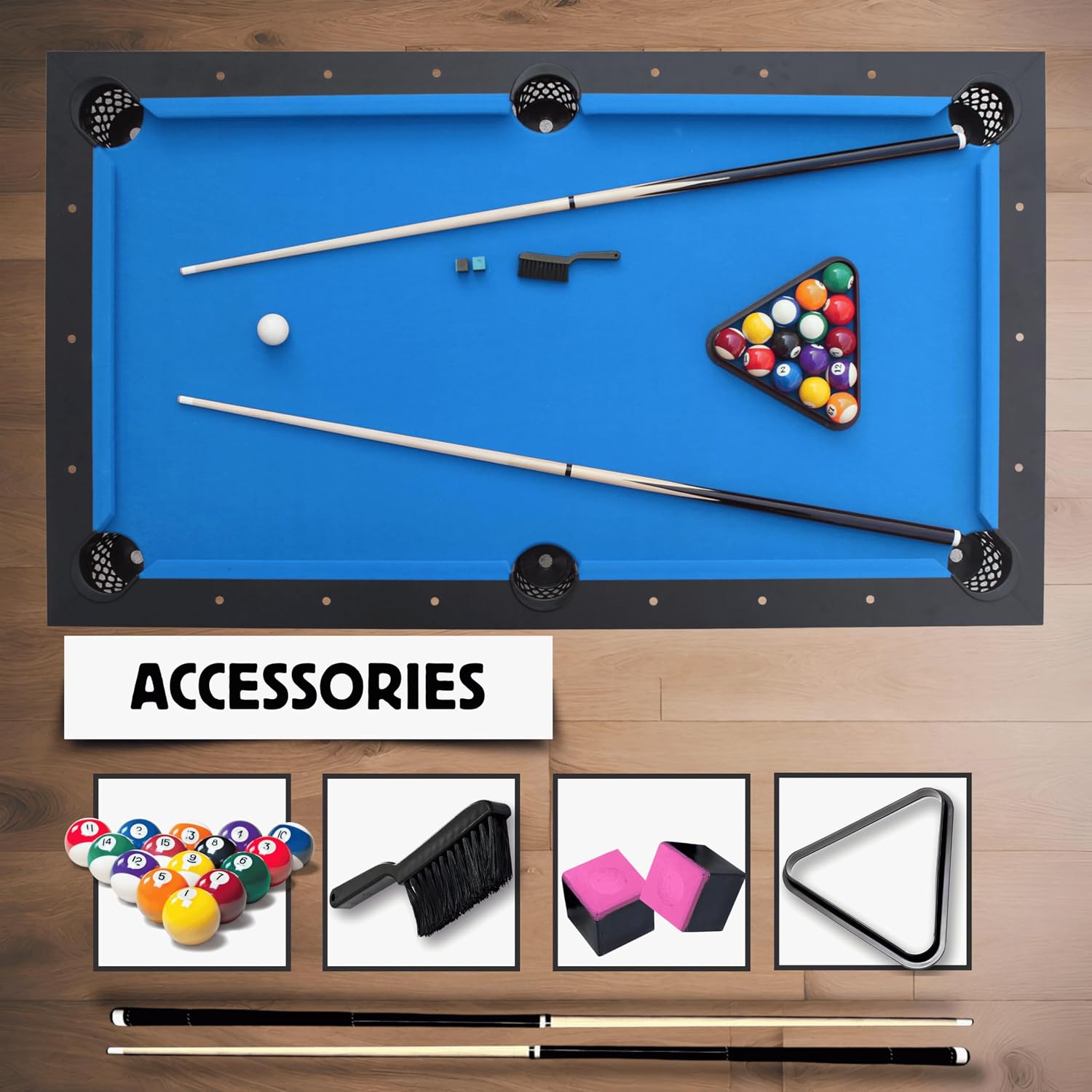Freetime Fun 6 FT Pool Table, No Assembly, Portable, Includes Billiard Tables Accessories- 2 Pool Cues, Set of Balls, Triangle, Pool Table Brush, Chalk