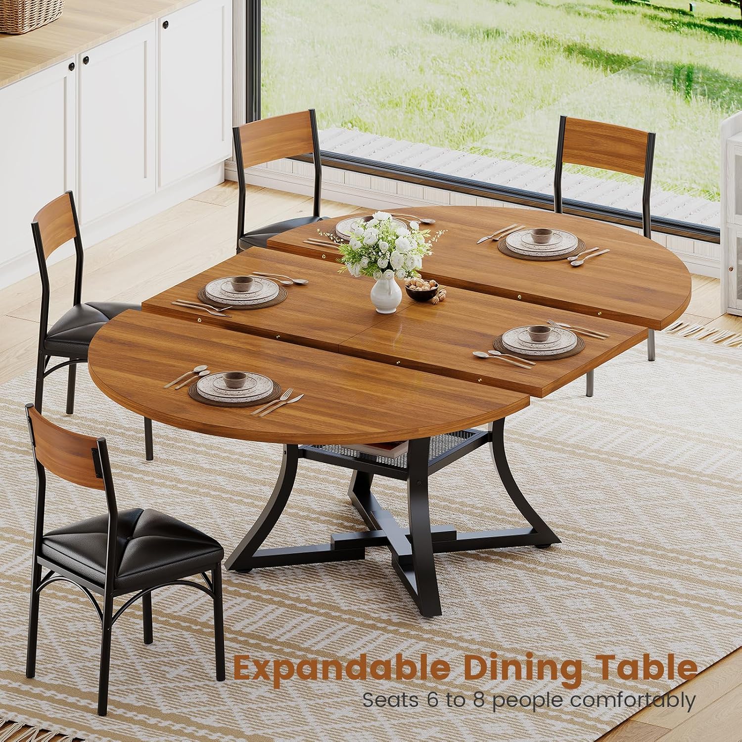 Itaar Round Extendable Dining Table Set for 4-6 People, 5-Piece Kitchen Table Set with 4 Cushion Chairs, Dining Room Table for 6 with MDF Board & Metal Frame for Small Space, Easy Clean, Brown