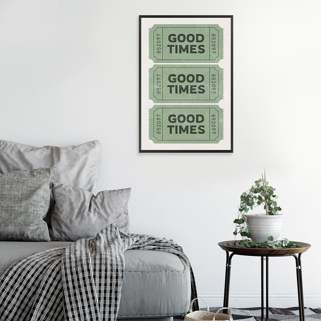 Vintage Funky Green Good Times Ticket Wall Art Print Poster Retro Preppy Room Aesthetic Canvas Wall Art Prints For College Dorm Bathroom Apartment Wall Decor 24x36in Framed
