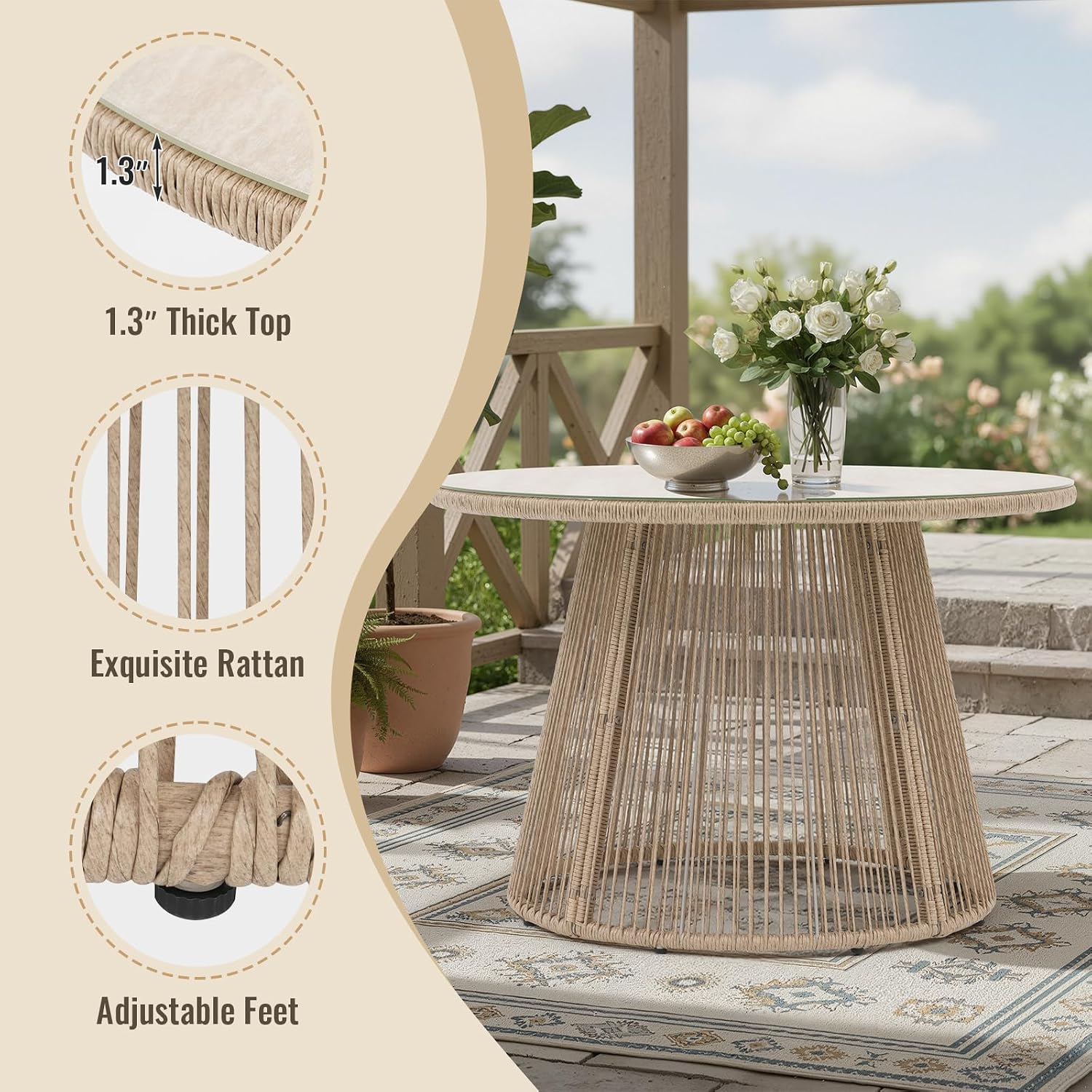 SUNSITT 43' Outdoor Dining Table, Patio Round Table for 4, Modern Patio Dining Table w/Beige Rattan Design, Tempered Glass Top w/Ceramic Coating, Metal Frame Outdoor Table for Garden Backyard Lawn