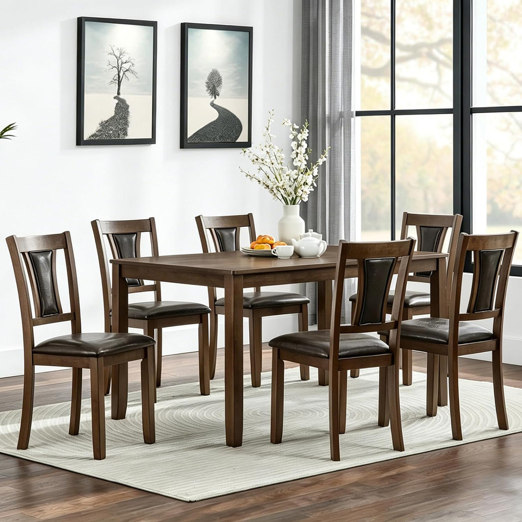 LUMISOL 7-Piece Modern Dining Table Set with Upholstered Chairs of 6, Wooden Rectangular Table for 6-8 People, Farmhouse Kitchen Set for Restaurant, Walnut