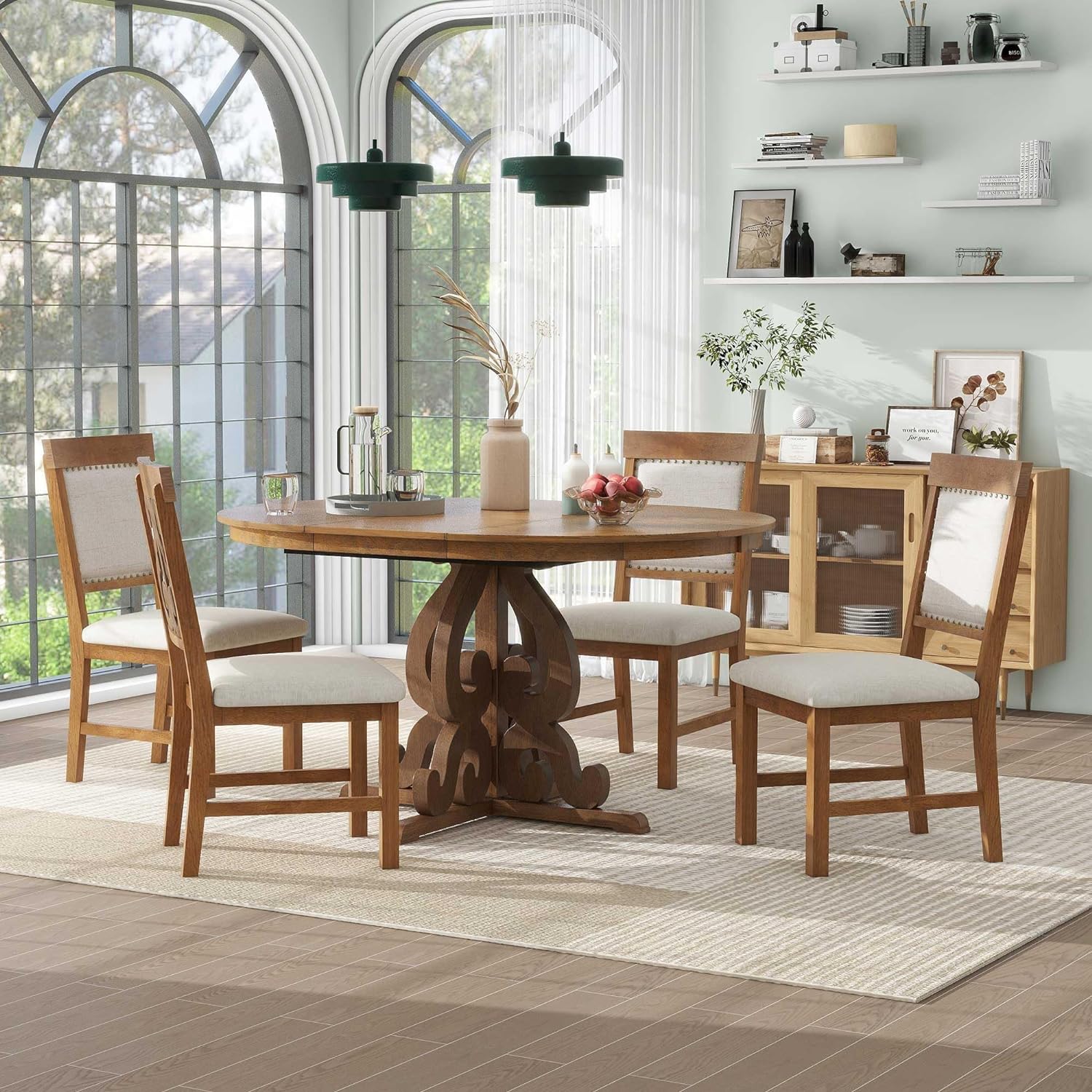 Merax Dining Table Set for 4, Extendable Round Tabletop with 16 inch Leaf and Upholstered Chairs, Retro Hollowed-Out Carving Design, Walnut