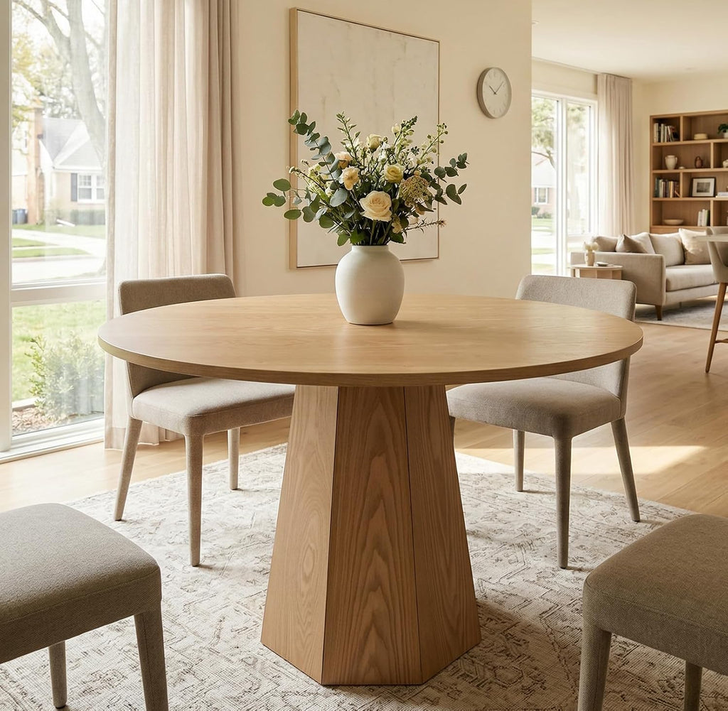 BESTANO 39' Round Solid Wood Dining Table for 4-5 People, Modern Pedestal Dining Kitchen Table, Farmhouse Small Wood Dining Table for Kitchen Easy Assemble, Saving Space, Brown