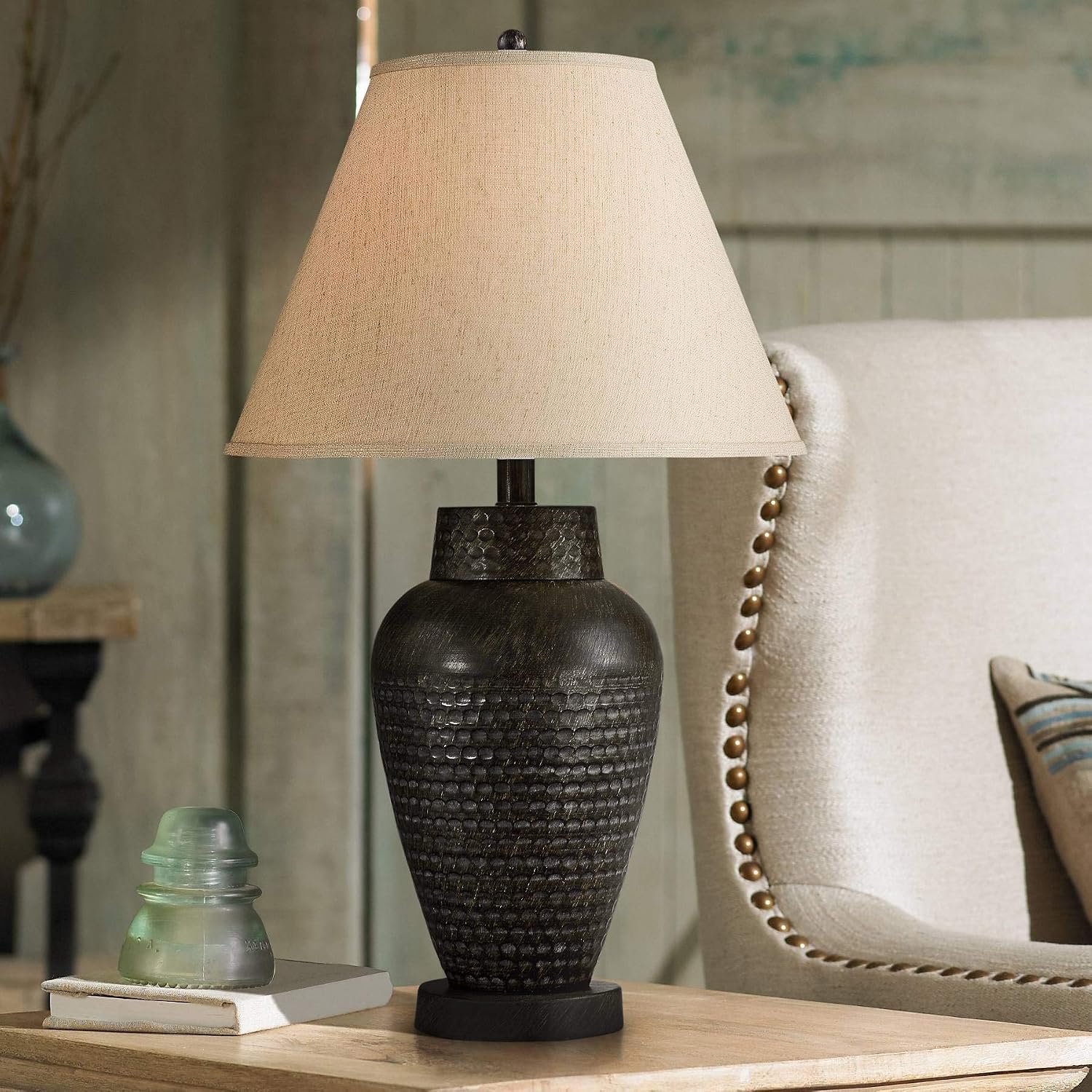 Regency Hill Auburn Rustic Farmhouse Vase-Shaped Table Lamps 25' High Set of 2 Hammered Bronze Metal Natural Linen Drum Shade for Living Room Bedroom House Bedside Nightstand Home Office