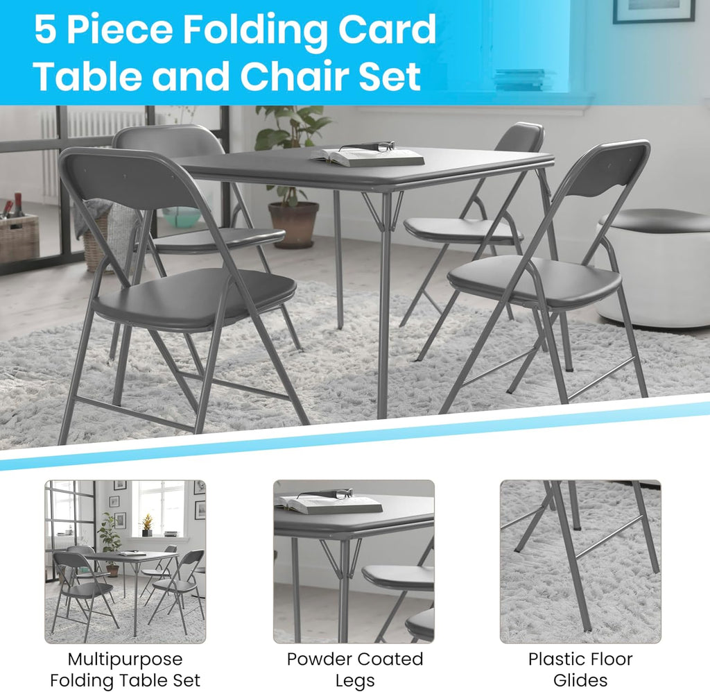 EMMA + OLIVER 5-Piece Multipurpose Folding Card Table and Chairs Set for 4 Players, Padded Top Portable Square Folding Table and Chairs Set, Gray