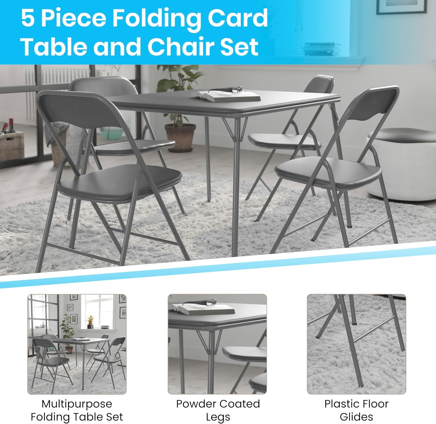 EMMA + OLIVER 5-Piece Multipurpose Folding Card Table and Chairs Set for 4 Players, Padded Top Portable Square Folding Table and Chairs Set, Gray