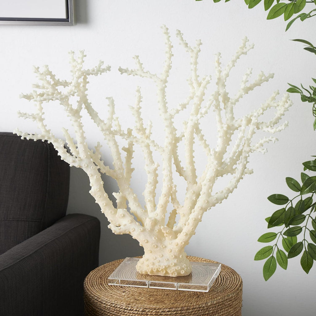 Deco 79 Polystone Coral Decorative Sculpture Home Decor Statue with Clear Acrylic Base, Accent Figurine 26' x 8' x 23', Cream