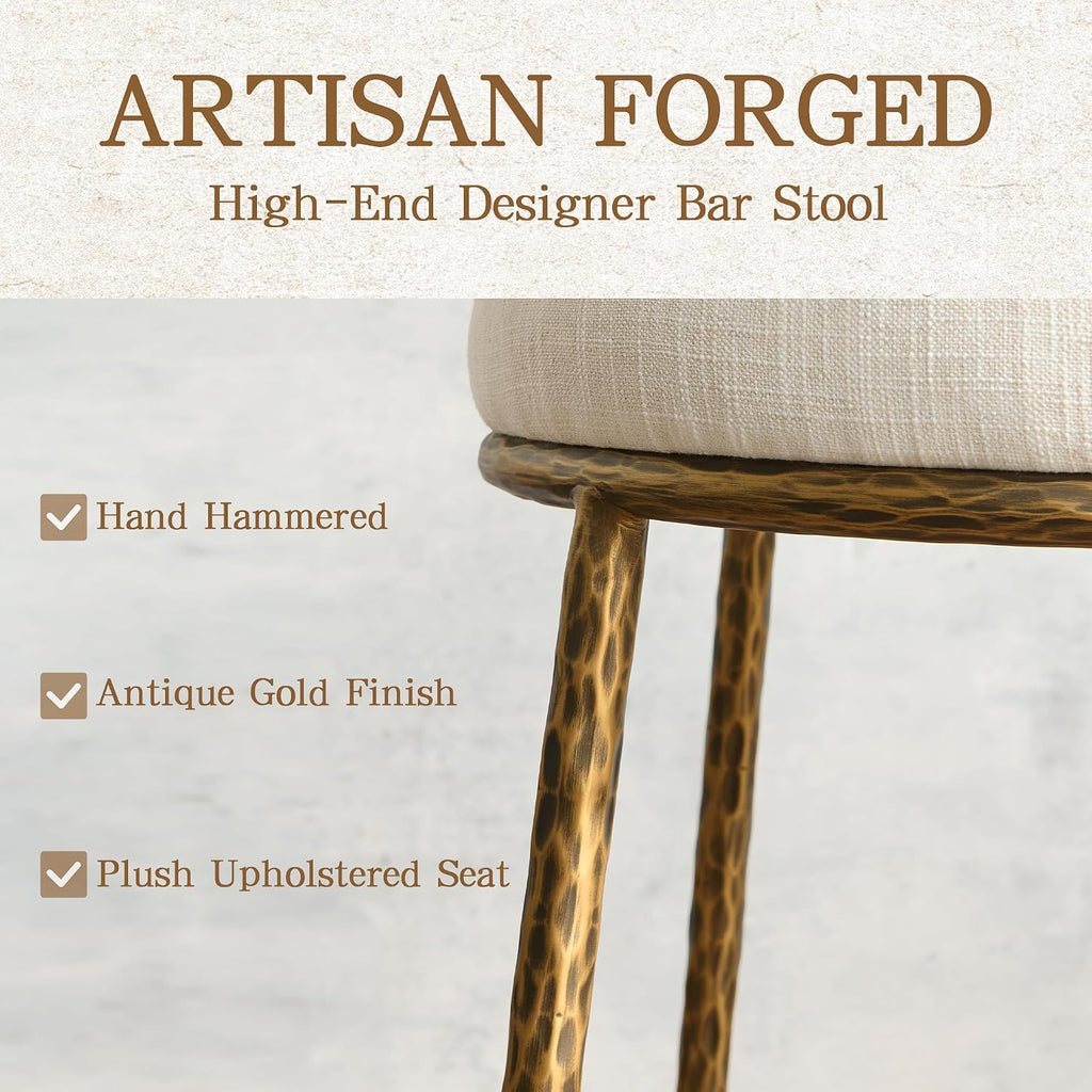 Morden Fort Modern Counter Height Bar Stools Set of 2, 26' Hand-Hammered Gold Bar Stools with Backs, Linen Upholstered Designer Island Chairs for Kitchen Counter, Antique Gold