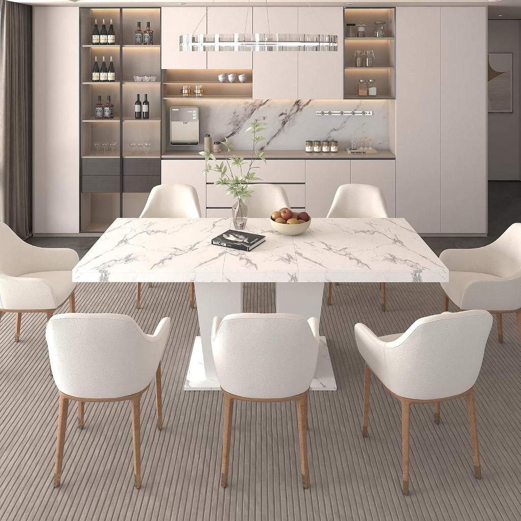 78.74'' Extendable Rectangular Dining Table for 4-8, Modern Mid-Century Wood Expandable Kitchen Dinner Conference Table for Living Room Office, 2 Widen Pedestal Base, White Faux Marble