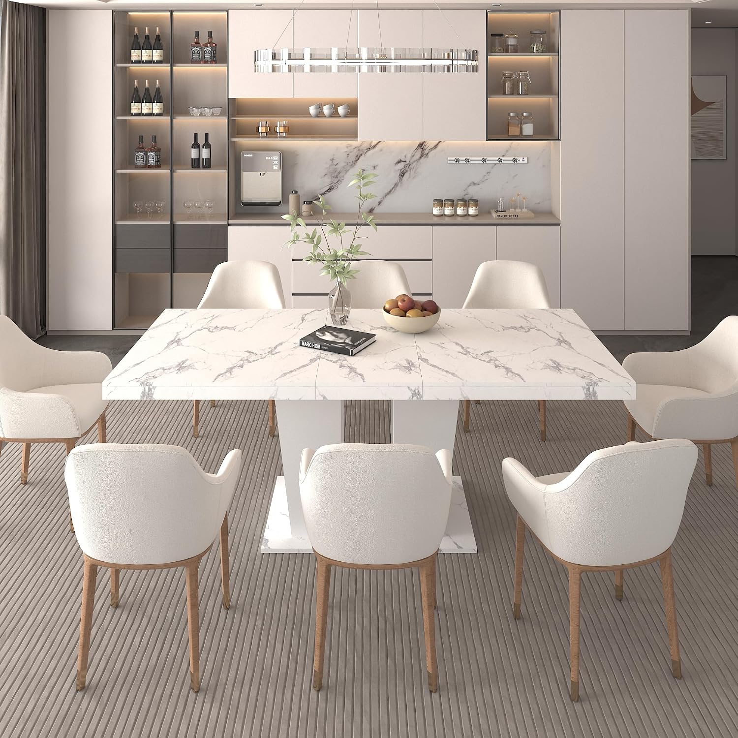 78.74'' Extendable Rectangular Dining Table for 4-8, Modern Mid-Century Wood Expandable Kitchen Dinner Conference Table for Living Room Office, 2 Widen Pedestal Base, White Faux Marble