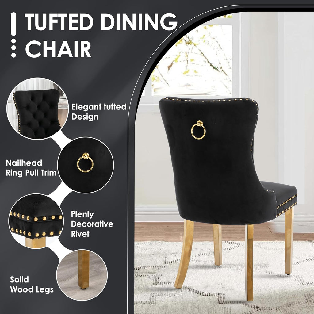 5 Pieces Gold Round Glass Dining Table Set, Modern Luxury Circle Kitchen Set for 4, 36'' Clear Minimalist Circular Glass Top Dinner Room Set, Black High-end Tufted Chairs, for Small Place