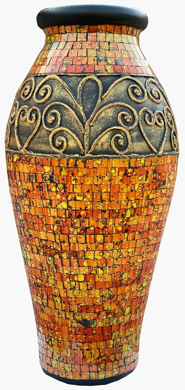 Floor Vase, 24 Inch Mosaic Vase – Tall Cylinder Made of Terracotta with Yellow and Orange Glass Mosaic Pieces – Handcrafted Decorative Home Decor Accent Piece for Bedroom, Living Room, Office