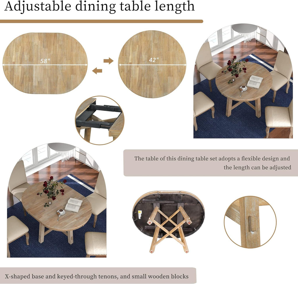 Harper & Bright Designs Kitchen Dining Table Set for 4, Wood Round Extendable Dining Table and 4 Dining Chairs Dining Table Set (Natural Wood Wash), ST000074AAE-MZJ