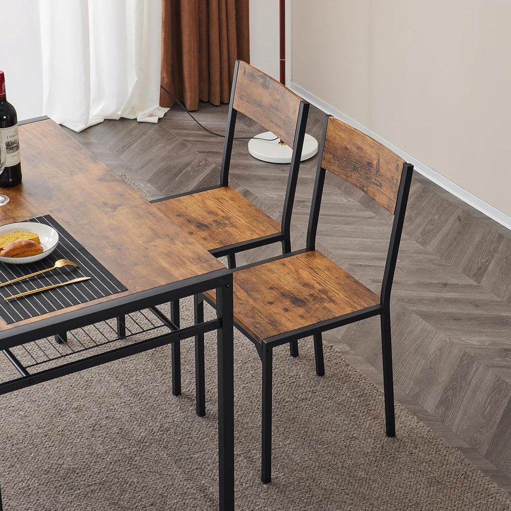 Karl home 4-Piece Dining Table Set for 4, Modern Kitchen Table Chairs Set for Small Space,Apartment, Storage Rack, Rectangular Table, Bench, 2 Chairs, Metal Frame-Retro Brown