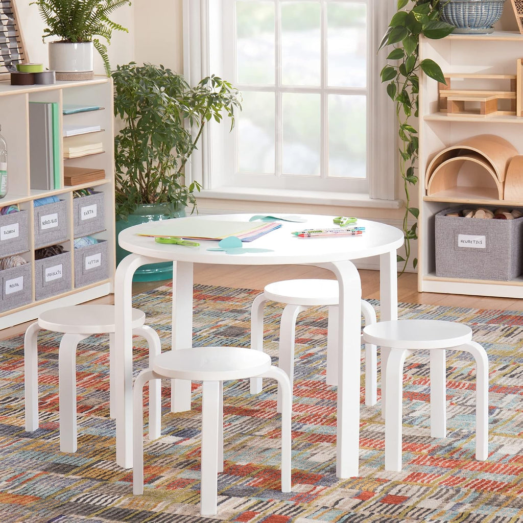 Guidecraft Nordic Table and Stools Set for Kids: White - Stacking Bentwood Stools with Curved Wood Toddler Activity Table - Children's Modern Bedroom, Playroom, and Living Room Furniture