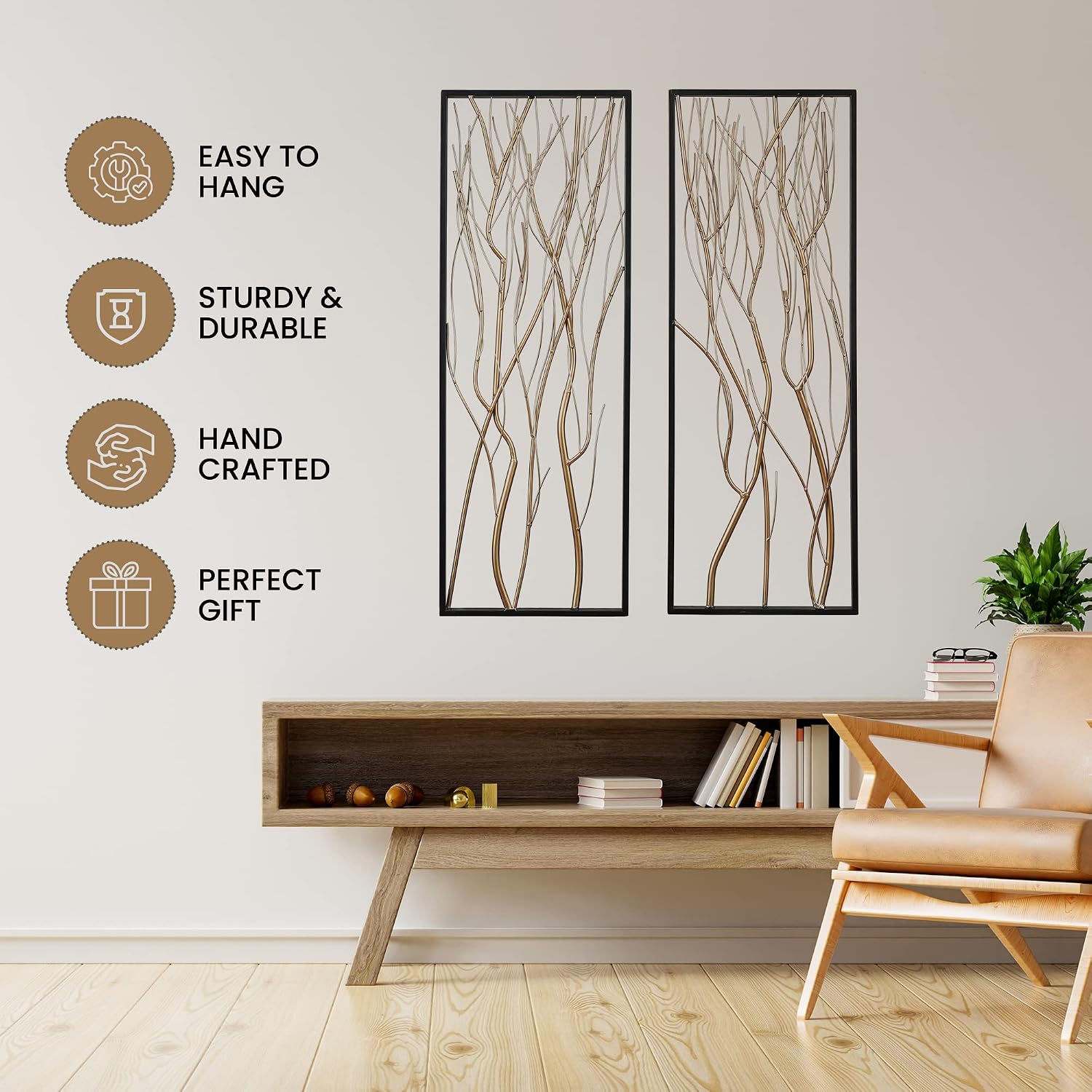 LuxenHome Metal Wall Decor, 36' Luxury Living Room Metal Wall Art, Set of 2 Gold Wall Decor, Bedroom Wall Decorations with Frame for Home, Bedroom, Kitchen, Office, Dining Room, Gold/Black