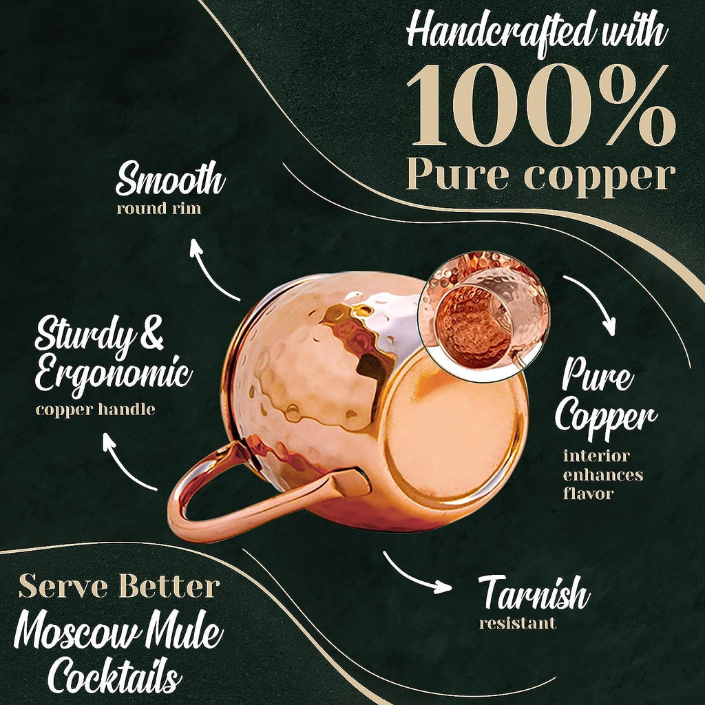 Kitchen Science Moscow Mule Copper Mugs Set of 12, 16 oz Pure Copper Cups, Hammered Finish with Food-Grade Lacquer, Smooth Rounded Lip, Ergonomic Rivet-Free Handle, Solid Grip for Cocktails