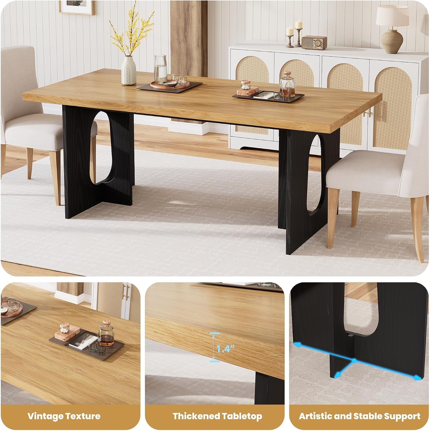71' Long Dining Table for 6-10 People - Farmhouse Kitchen Table with Extra Thick Tabletop & Heavy-Duty Metal Legs, Sturdy Rectangular Table for Dining Room, Conference Room, Office, Natural + Black
