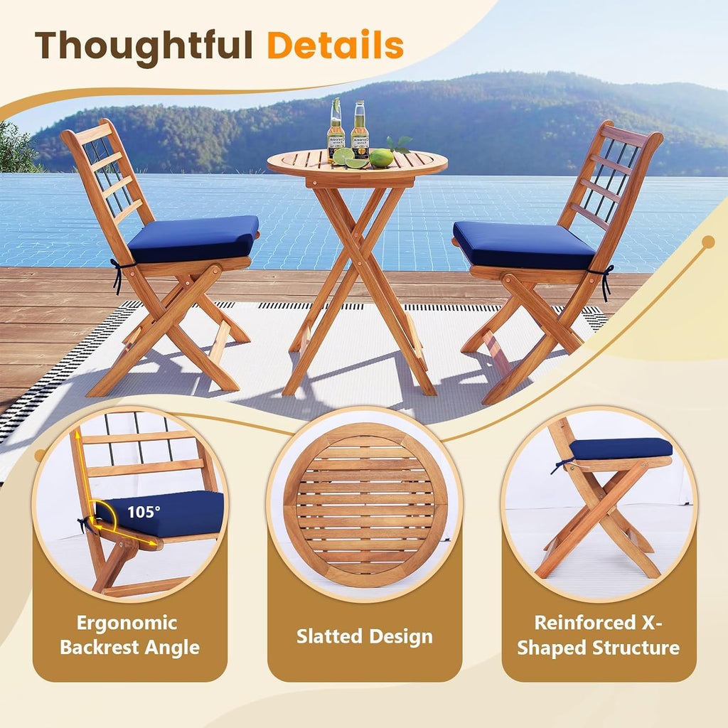 Tangkula 3 Piece Patio Wood Bistro Set, Folding Table Chair Set w/Soft Seat Cushions, Acacia Wood Frame, High-Back Portable Chairs w/Table for Backyard, Poolside (Navy)