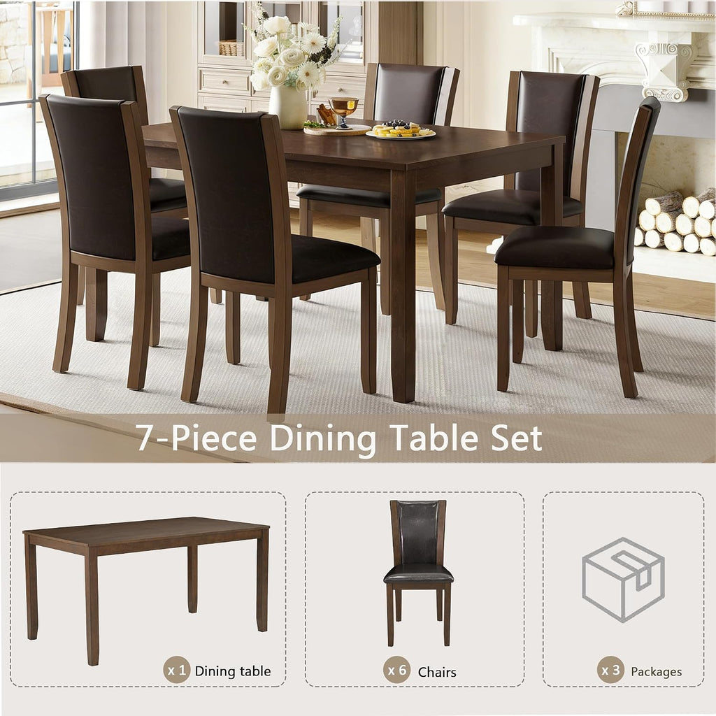 LUMISOL 7-Piece Modern Dining Table Set with Upholstered Chairs of 6, Wooden Rectangular Table for 6-8 People, Farmhouse Kitchen Set for Restaurant, Walnut
