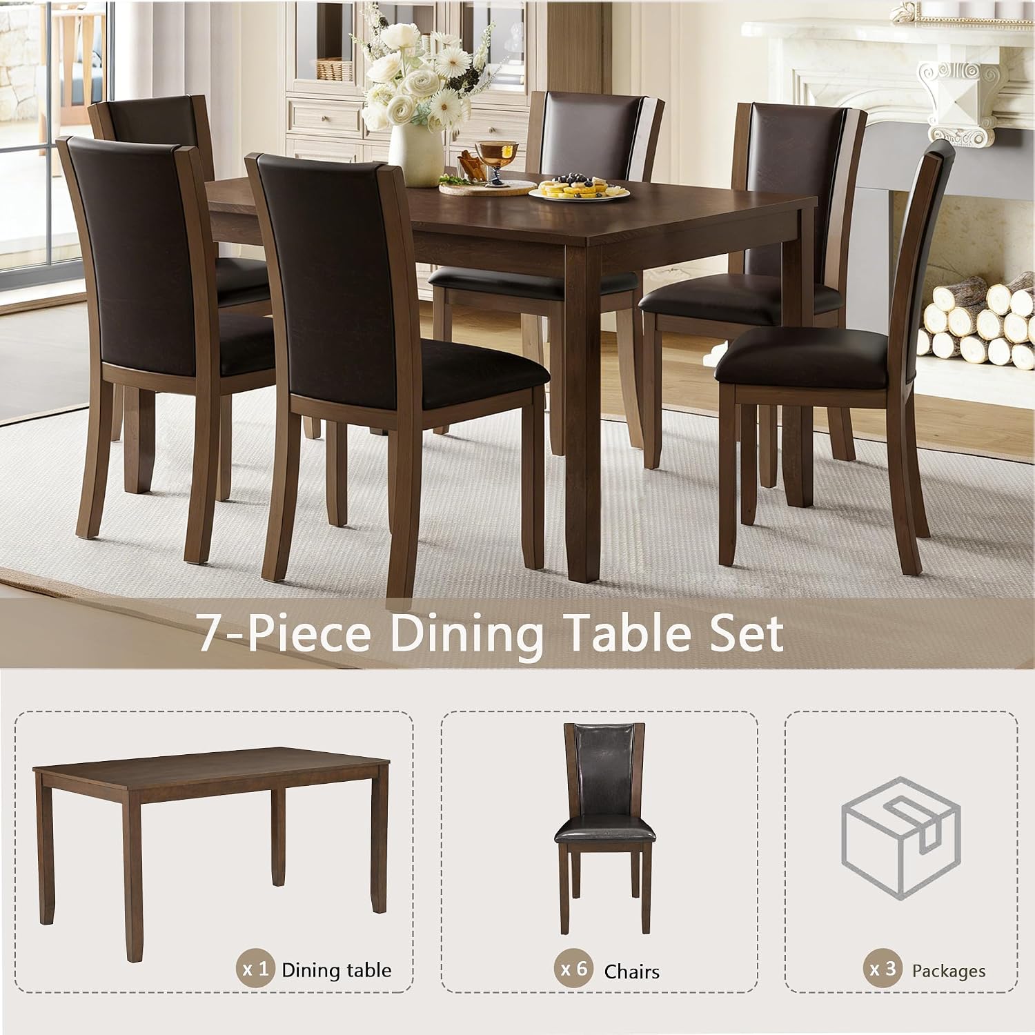 LUMISOL 7-Piece Modern Dining Table Set with Upholstered Chairs of 6, Wooden Rectangular Table for 6-8 People, Farmhouse Kitchen Set for Restaurant, Walnut