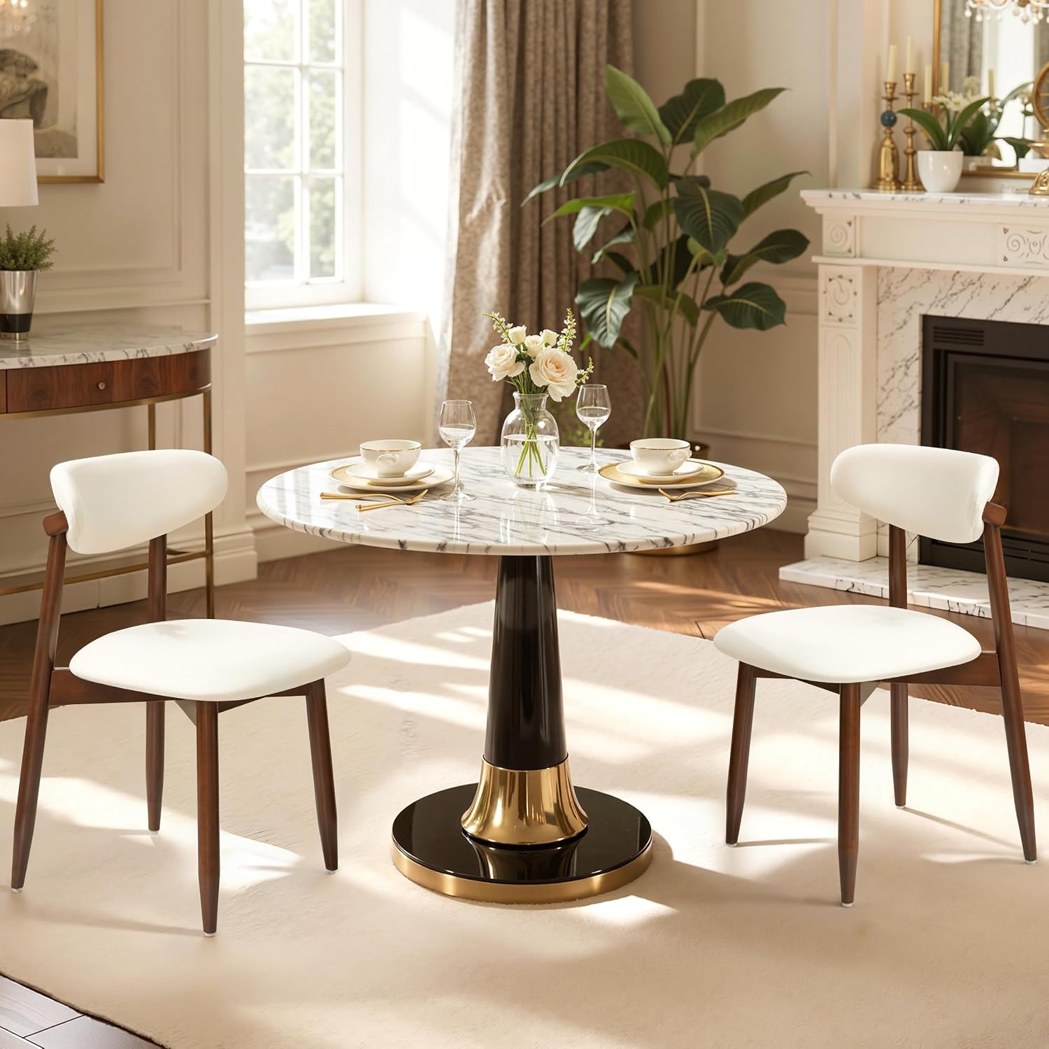 CHUN YI Dining Chairs Set of 2, Upholstered Solid Wood Dining Room Chairs, Mid Century Modern Fabric Kitchen Side Chairs with Ergonomic Curved Back, Beige