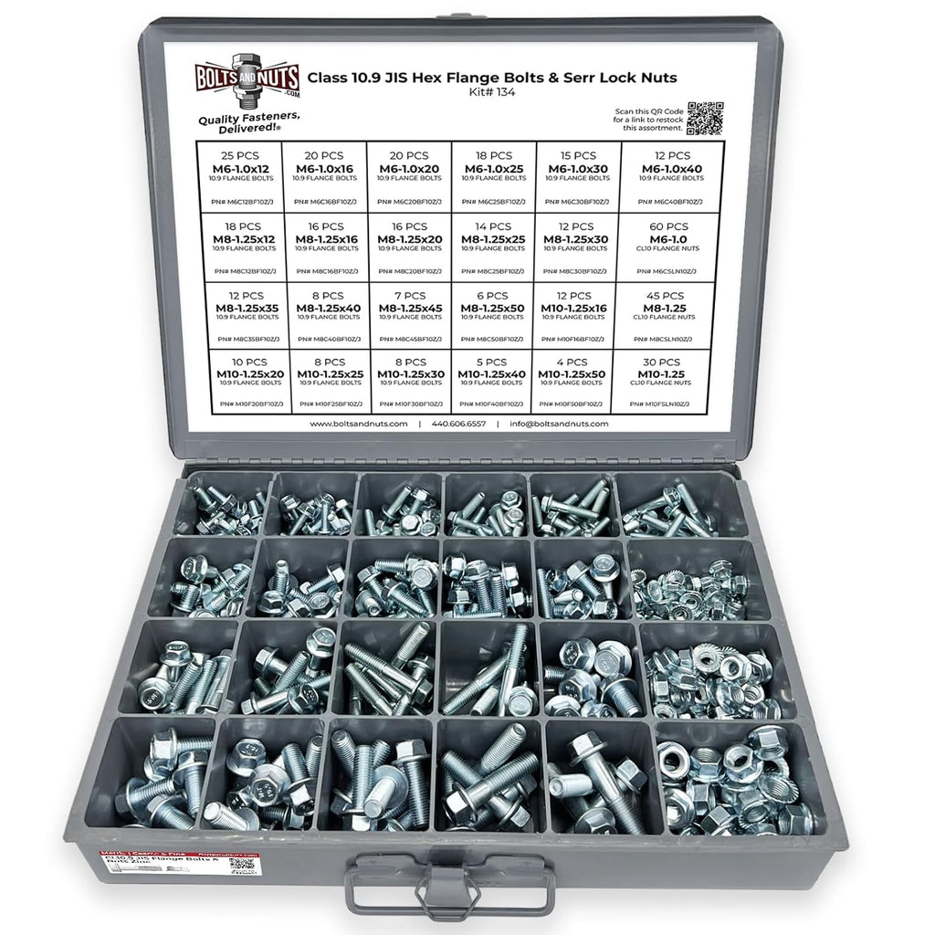 Metric Class 10.9 JIS Hex Cap Flange Frame Bolts & Serrated Flange Nuts Assortment Kit - 402 Pieces!