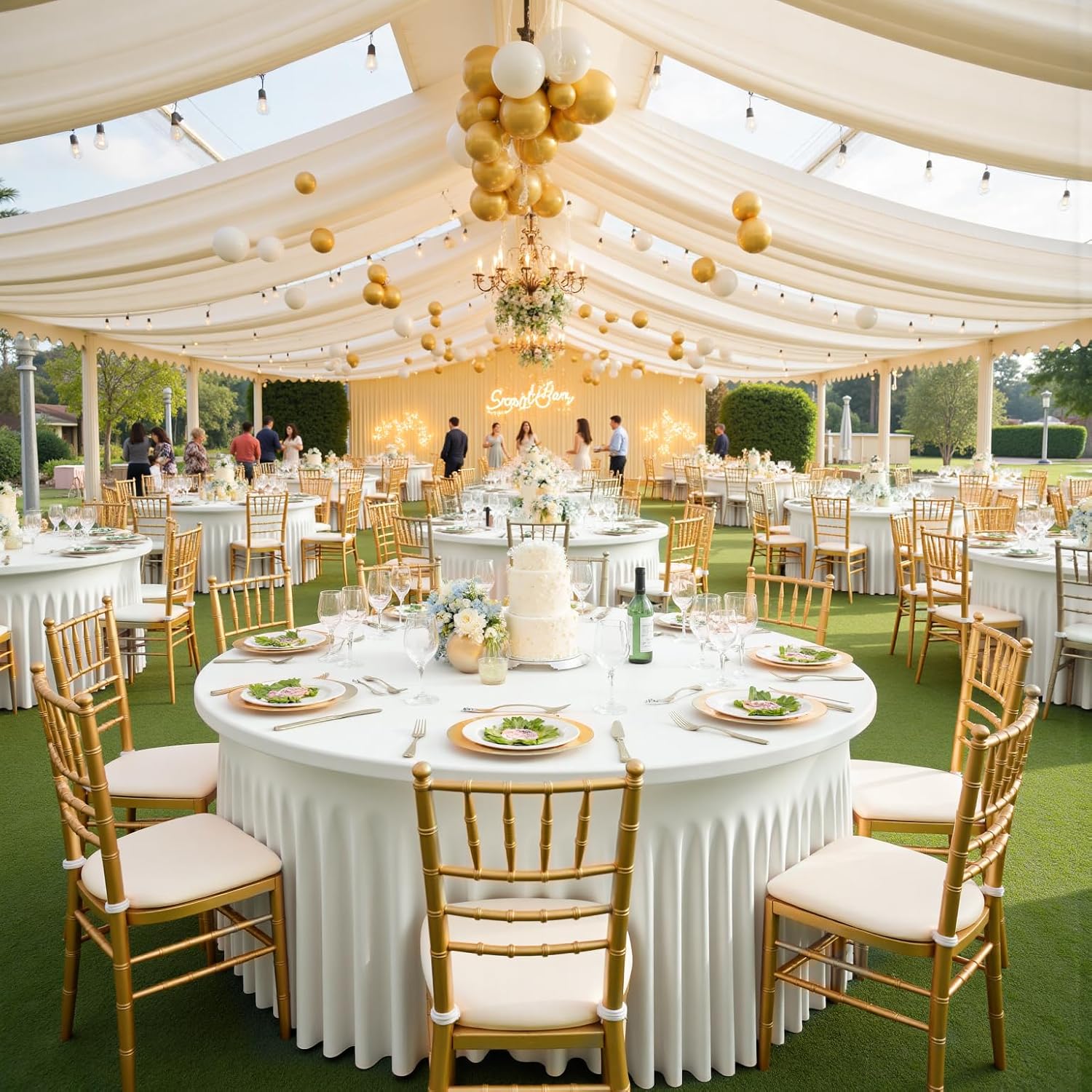 Outpain 8 Pack Ivory 72inch Spandex Round Tablecloths, Stretchy 132inch Fitted 6FT Round Table Cloths, Wrinkle Free Table Cover with Skirt for Wedding Party Dining Banquet