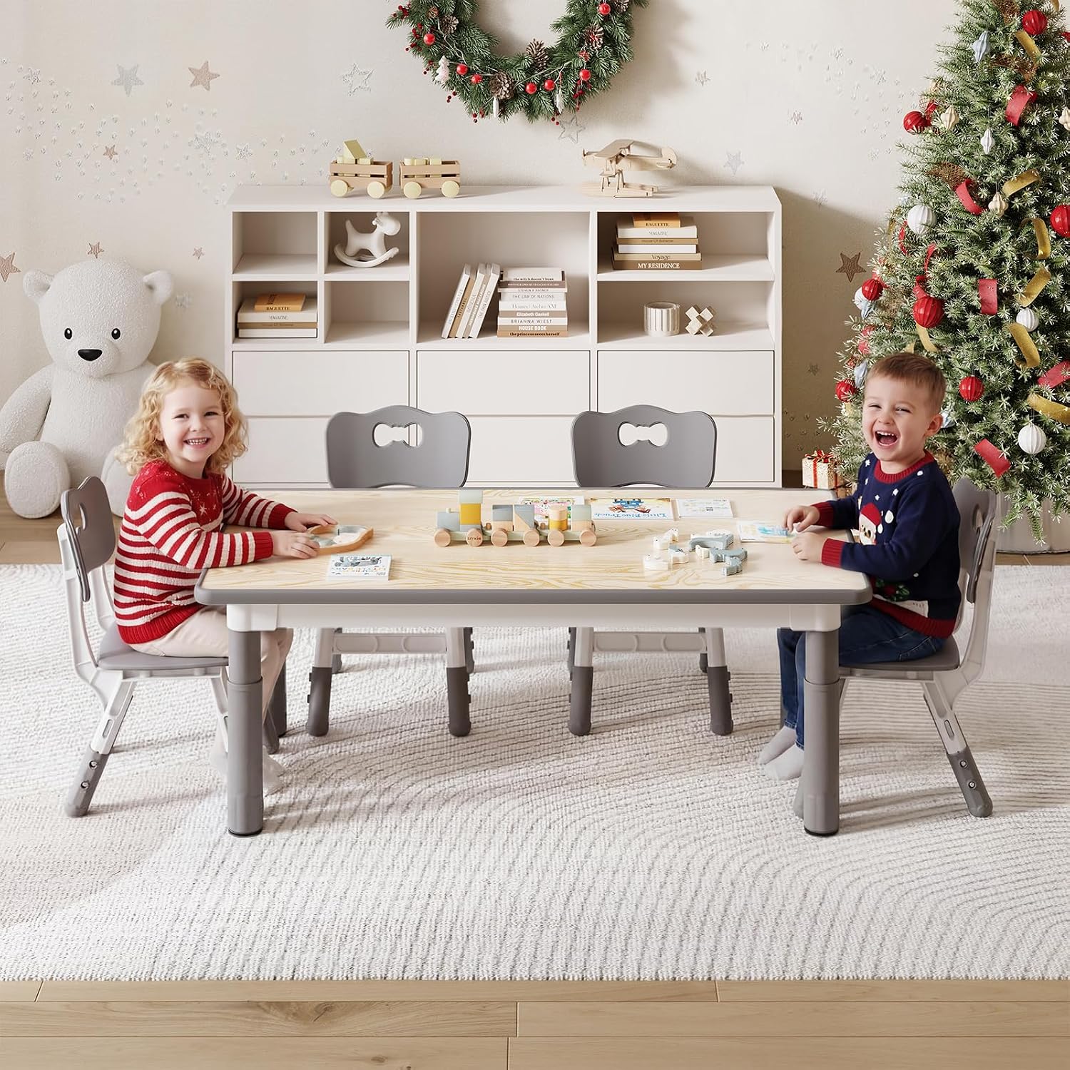 Garvee Kids Table and 6 Chair Set,47 in Modern Height Adjustable Toddler Table and 6 Chairs Set with Non-Slip Desk Legs& Organizer Graffiti Desktop,Preschool Activity Art Craft Tables for 6（Gray