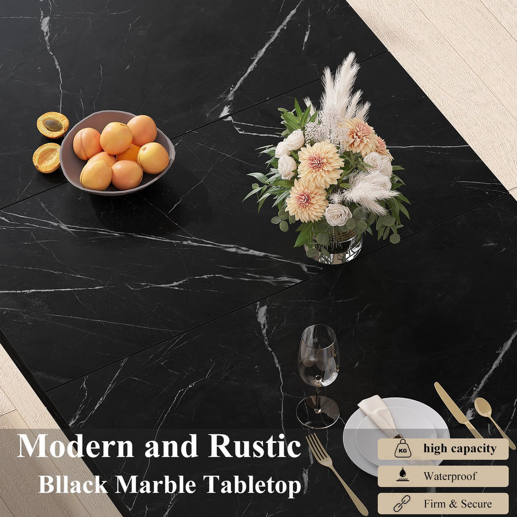 HSH 55 inch Dining Room Table for 4, Modern Black Faux Marble Dining Table, Rectangle Kitchen Table with Heavy Duty Pedestal, Industrial Wood Dinner Desk for Home Living Room, Black Marble, 55 Inch