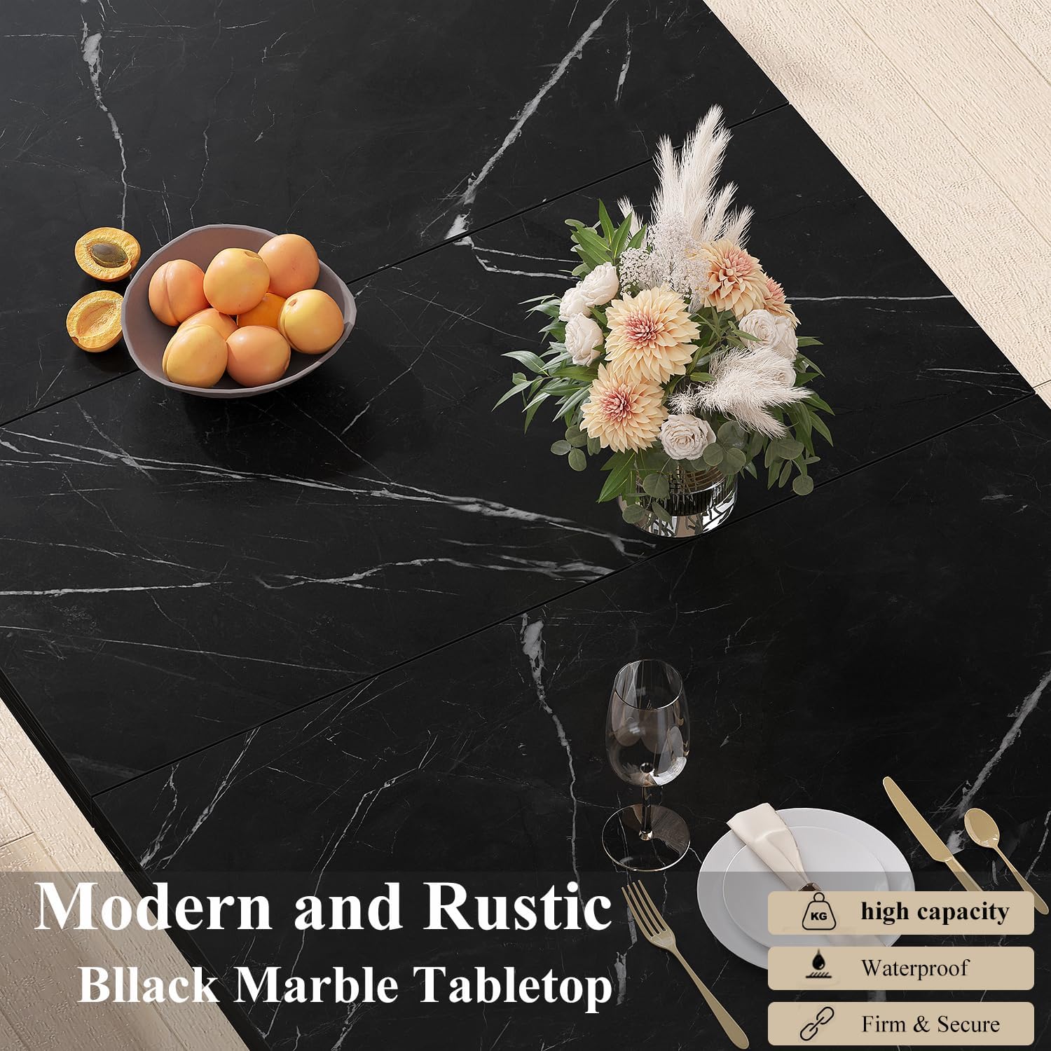 HSH Black Faux Marble Dining Table, 63 inch Modern Dinner Table for 6 Person, Farmhouse Rectanglur Kitchen Table for Living Room, Long Wood Dining Room Tables with strong Pedestal, Black Marble, 63 In