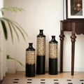 Metal Floor Vase Set -Large Glazed Metal Vases for Living Room, Entryway & Office Decor,20.8in/24.8in/28.7in Rustproof Tall Standing Home Décor (Black+Gold Branches)