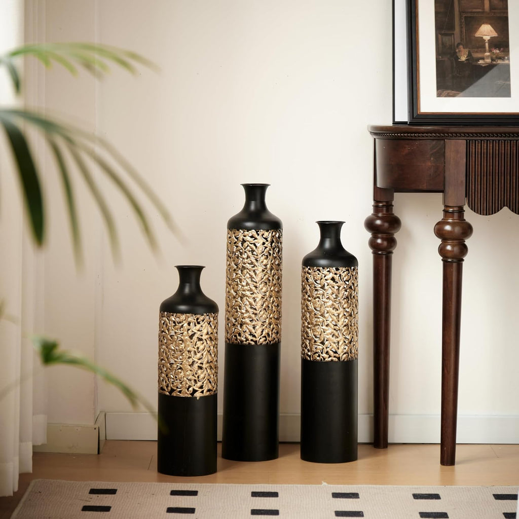 Floor Metal Decorated Vases Set of 3 for Gorgeous Home Decoration Large Glazed Metal Vases (Black)